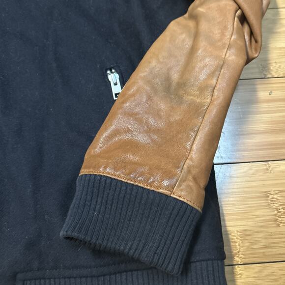 All Saints Mens L Bomber Jacket BIWA Wool Leather Black Varsity Y2K Streetwear - Picture 4 of 8